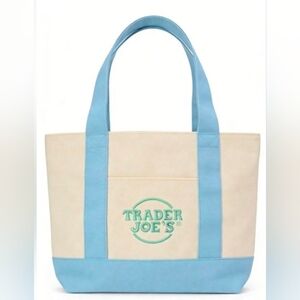 Trader Joe's RARE Mini Pastel Canvas Tote Bag, Blue With Green Logo